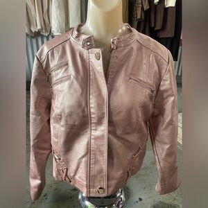 Venus Metallic Rose Gold Vegan/Faux-Leather Lace-Up Zip-Front Moto Biker Jacket